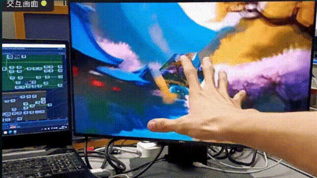 Leap Motion is used for gesture-controlled images, where different gestures trigger visual effects such as material changes, particle pushing, water ripples, and color changes.